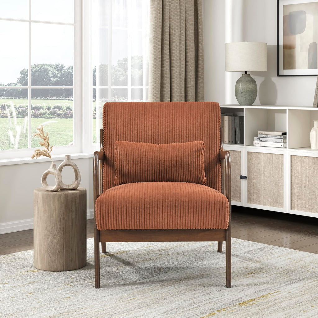 Mid Century Modern Accent Chair-with Solid Wood Armrests and Legs, 1 Lumbar Pillow, Cushioned Seat and Backrest