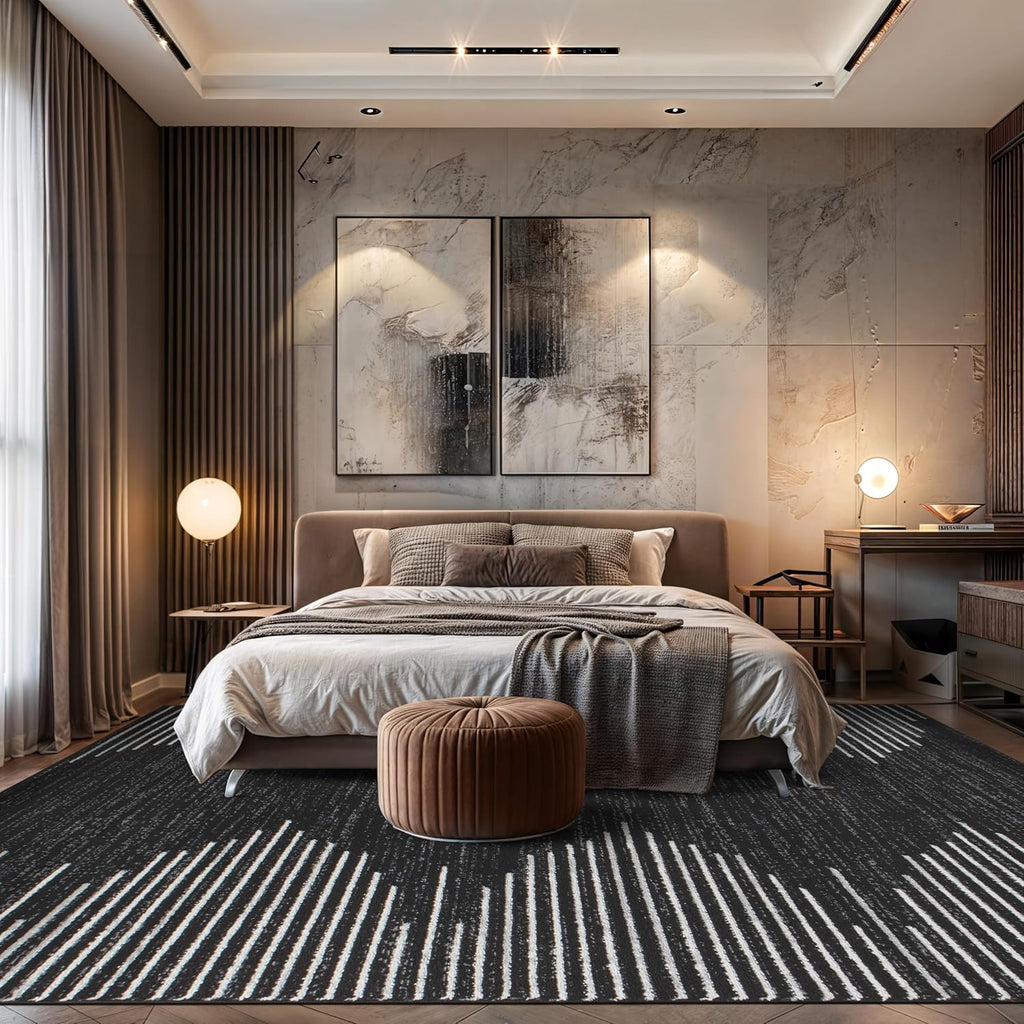 Bohemian Stripe Stain Resistant High Traffic Kitchen Dining Area Rug 12' x 15' Black