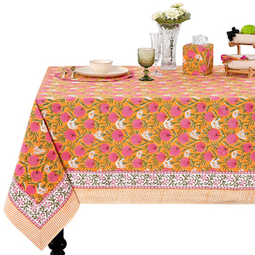 Bubblegum Pink Hand Block Print Square Tablecloth 60x60 Inch