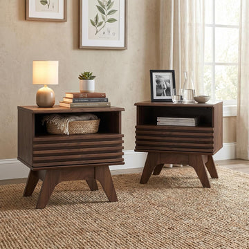 18.9" Wide Fluted Nightstand Set of 2, End Table with Drawer and Open Shelf, Mid Century Modern Side Tables with