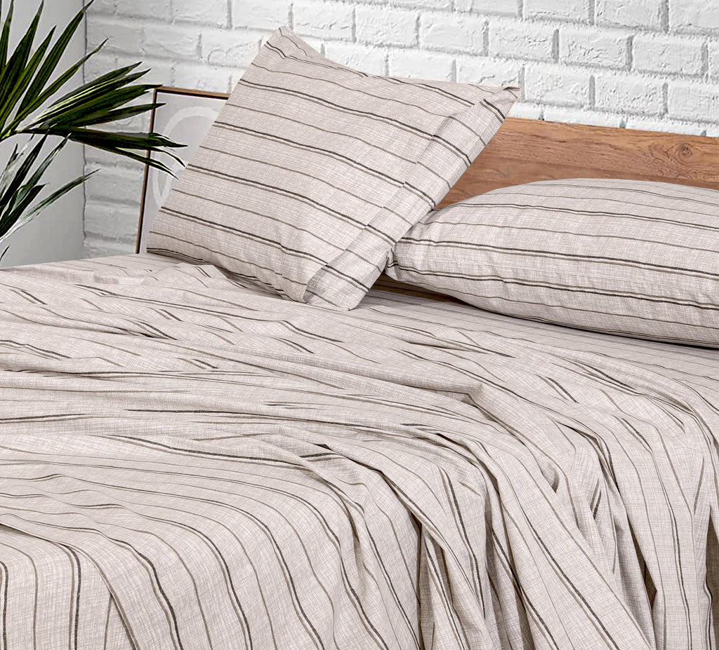 100% Cotton Percale King Sheets, King Size Sheet Set, Brown Stripes