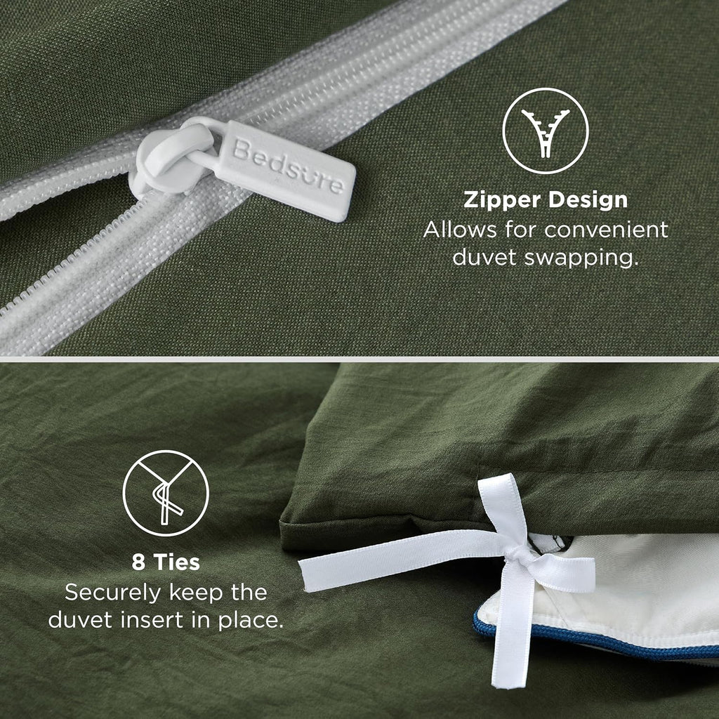 Olive Green Duvet Cover - 3 Pieces Prewashed Cotton-Like Polyester Extra Soft Bedding Set, Includes 1 Duvet
