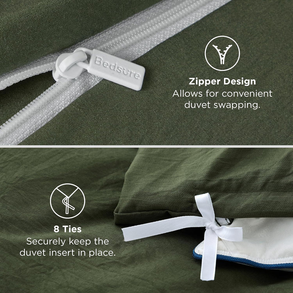 Olive Green Duvet Cover - 3 Pieces Prewashed Cotton-Like Polyester Extra Soft Bedding Set, Includes 1 Duvet