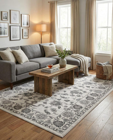 Boston Rug - 9' 1 White Gray Easy-Clean Rug - Floral Botanical Motif for Living Rooms, Large Dining Rooms