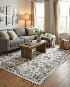 Boston Rug - 9' 10 x 14' 1 White Gray Easy-Clean Rug - Floral Botanical Motif for Living Rooms, Large Dining Rooms