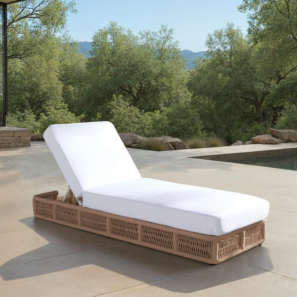 Outdoor Chaise Lounge Chair - Tan & White - Steel and Woven Rope - Adjustable 5-Position Backrest - Ideal