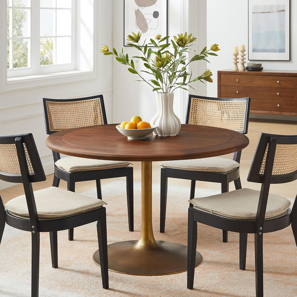 Inspired Saarinen Style Tulip Round Pedestal Dining Table — Brass Base / Walnut Top, 48″ Round