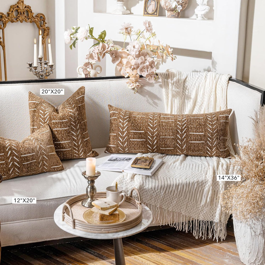 Boho Lumbar Throw Pillow Cover 14X36, Brown Decorative Long Accent Body Lumbar Pillow, Farmhouse Woven Textured