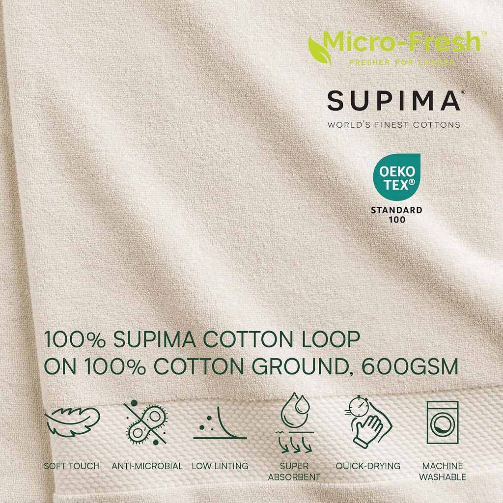 Heritage Supima Cotton 6-Piece Towel Set, 2 Bath Towels, 2 Hand Towels, 2 Washcloths, Chalk - Highly Absorbent &