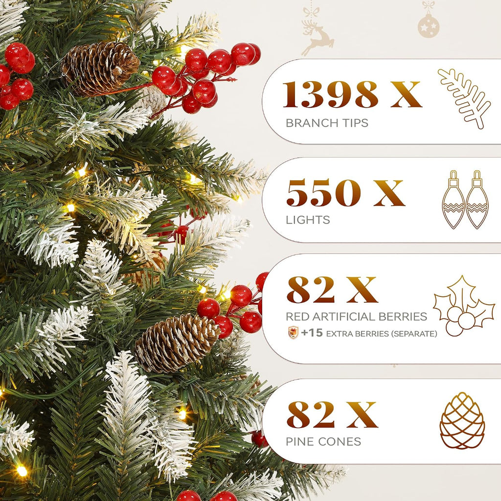 7.5ft Prelit Decorated Pine Christmas Tree w/Red Berries & Remote | Artificial Hinged Xmas Tree w/ 1398 Frosted Tips