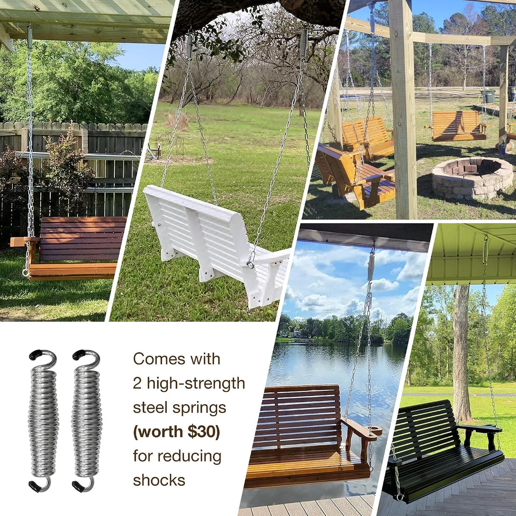 Wooden Porch Swing 2-Seater, High Backrest and Deep Seat, Bench Swing with Cupholders, Hanging Chains and 7mm