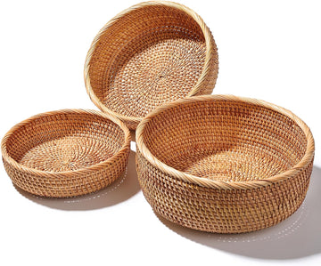 Rattan Bread Basket Set 3, Handwoven Serving Bowls | Honey brown, round wicker, fruit snack bread basket, key bowl