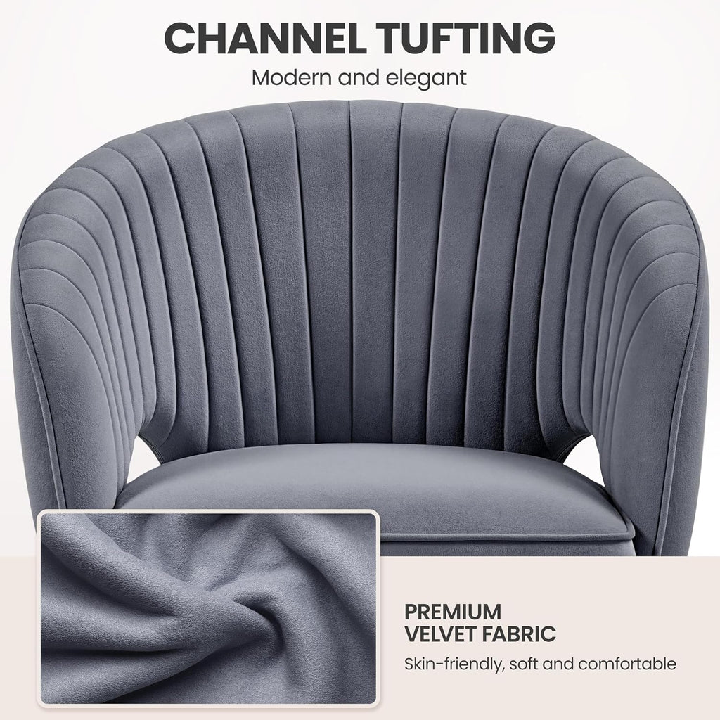 Home Velvet Desk Chair, Upholstered Modern Swivel Chair with Tufted Barrel Back, Rolling Wheels for Office, Study