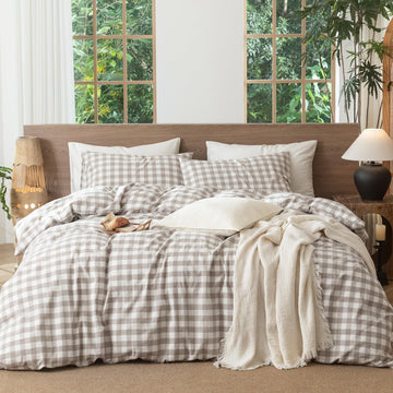 Gingham Duvet Cover Set 100% Washed Cotton Linen Like