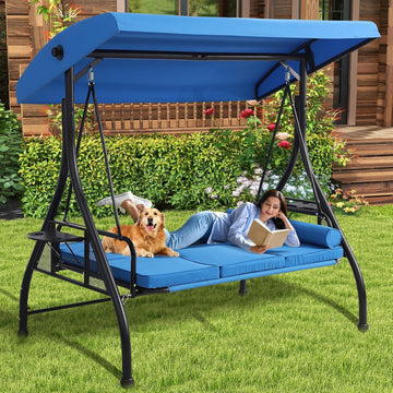 3 Seat Outdoor Patio Swing with Stand, 3-in-1 Porch Swing with Adjustable Canopy & Deep Cup Holders, Patio Glider