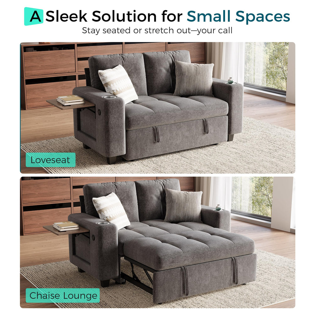 Modular Sectional Sofa Bed, Chenille Pull Out Couch 2 Seat Grey
