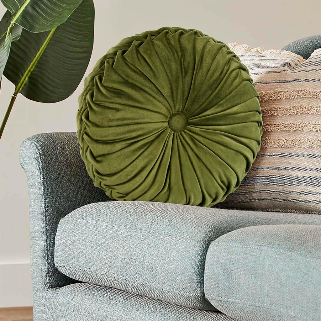 Set of 2 Decorative Round Pleated Throw Pillows, Classy Accent Pumpkin Throw Pillows with Center Button, Vintage