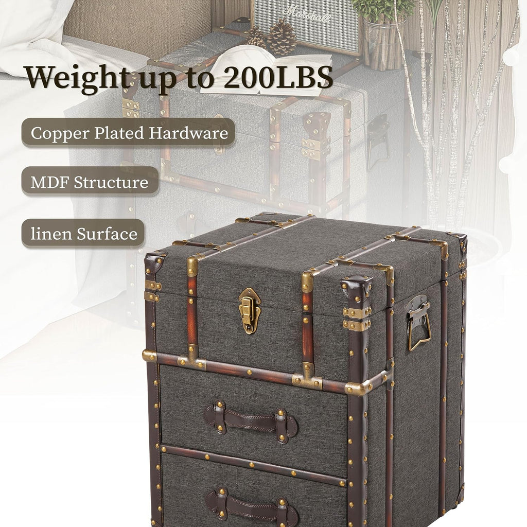 Vintage Storage Chest with Buckle Hinged Top, Linen Accent End Side Table , Rectangle, Grey