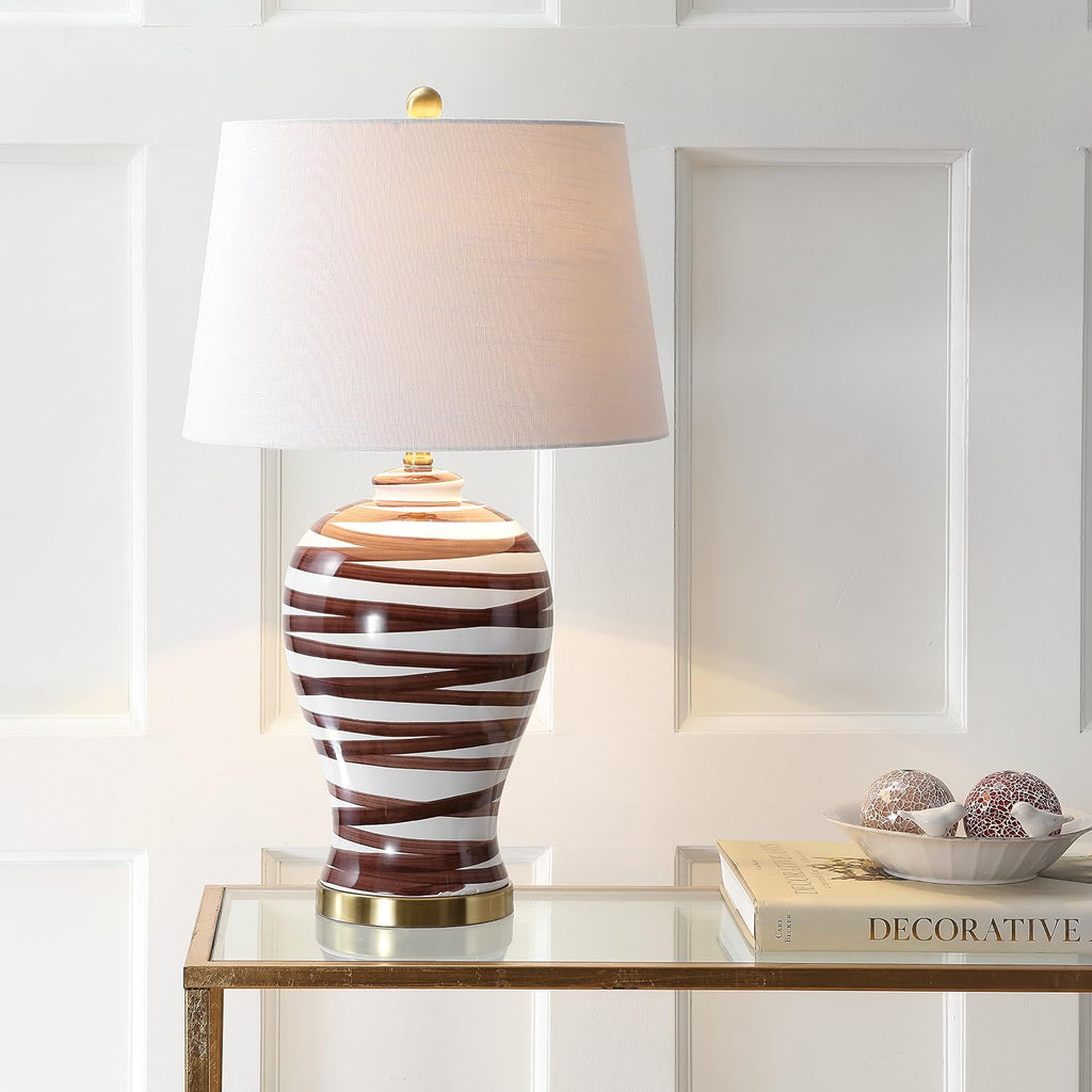 29" Brown/White Ceramic Table Lamp Bedroom Office, Modern Coastal Bedside Lamp with White Linen Shade