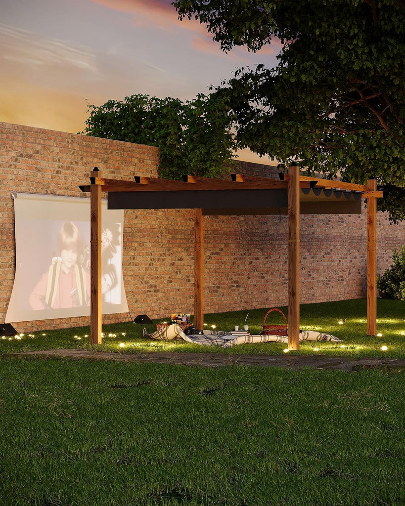 10x13 Ft Outdoor Pergola with Retractable Canopy Upgraded Wood Grain Patio Pergola for Modern Backyard Deck