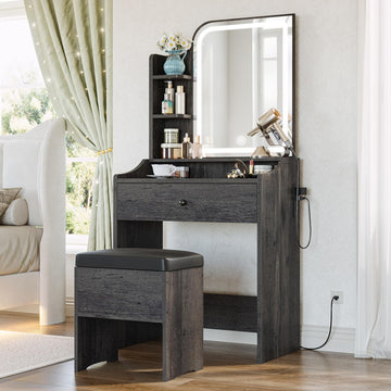 Small Vanity Desk with Mirror Lights and Storage Stool | Charcoal grey compact vanity with 3 light modes, charging