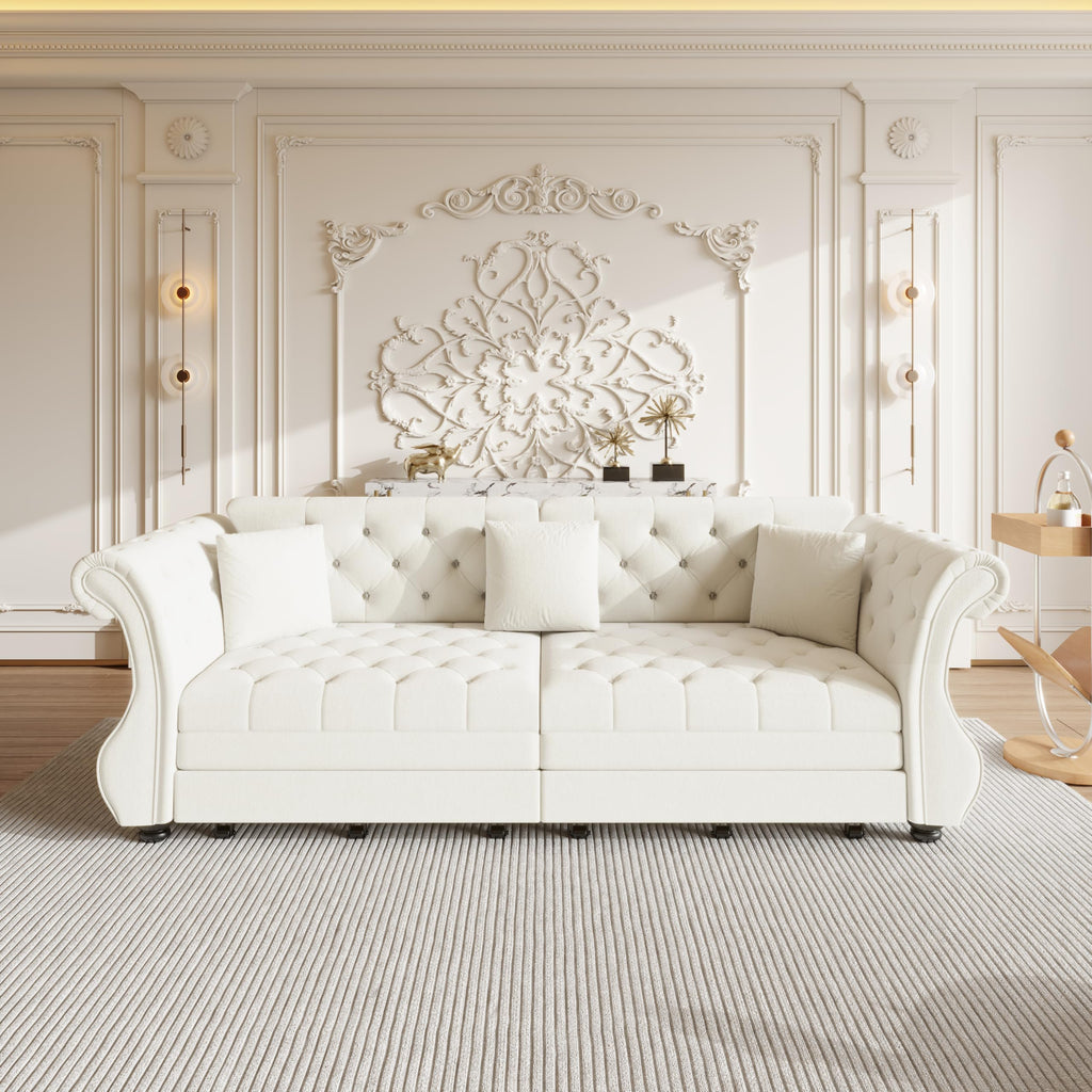 Sleeper Sofa Bed 97.6", Velvet Pull Out Couch, Chesterfield Sofa, Beige