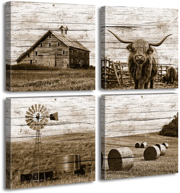 Farmhouse Highland Cow Canvas Wall Art, Rustic Western Decor 12×12