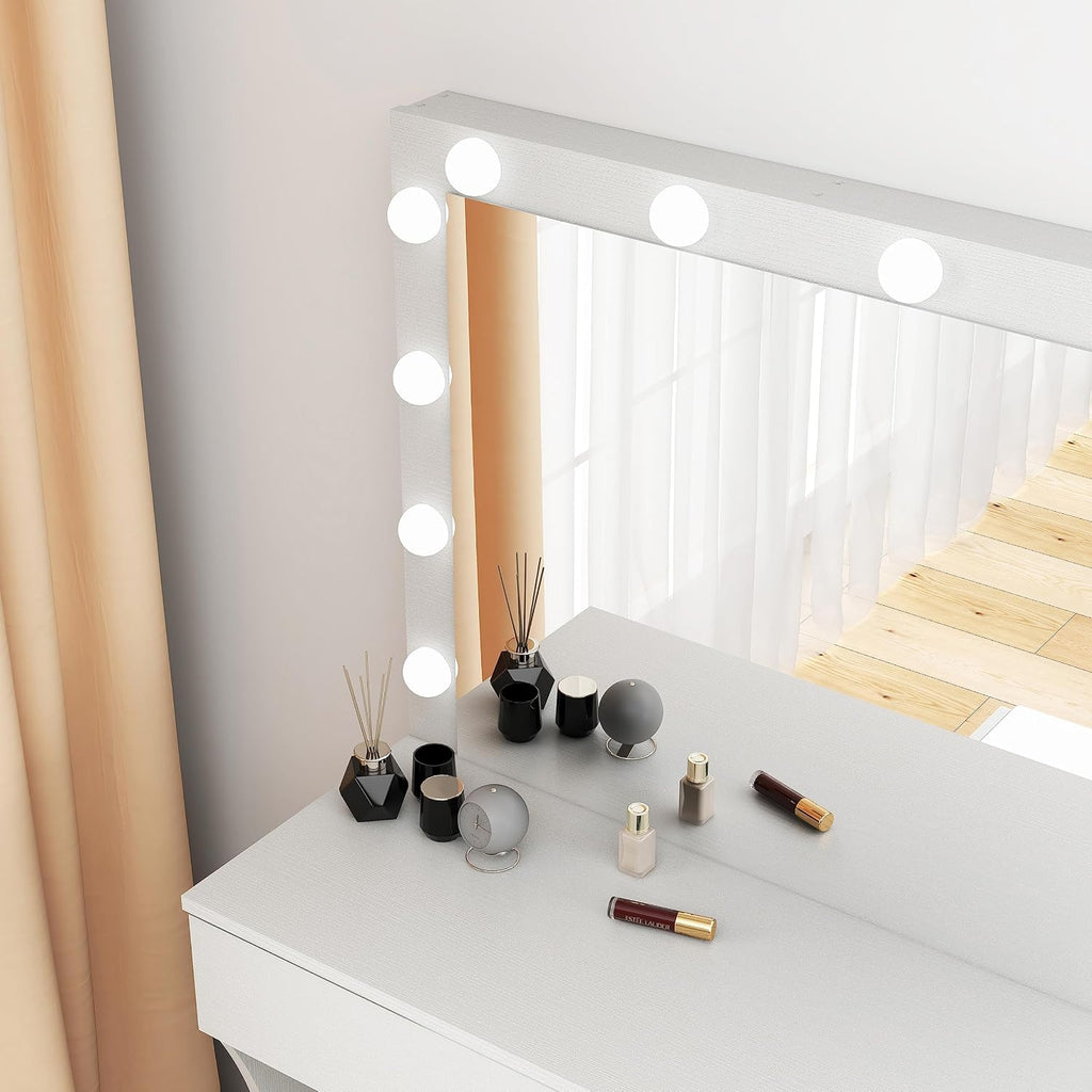Vanity Desk with Mirror and Adjustable Lights, One Drawer Storage Makeup Table with Stool - Vanity Set (White)