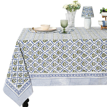 Light Steel Blue Hand Block Print Rectangle Tablecloth 108x60 Inch