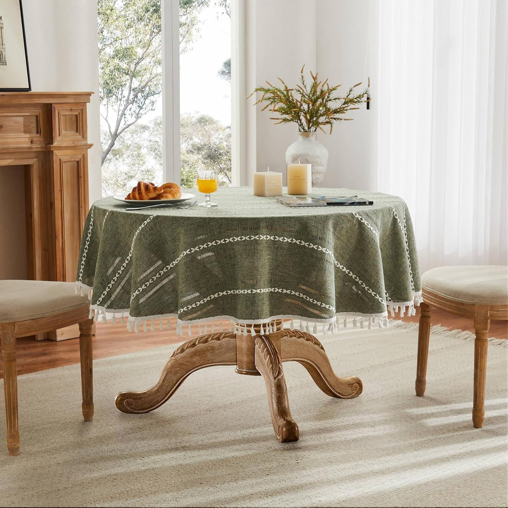 Hemstitched Embroidery Striped Boho Tablecloth 60 Inch Round Olive, Heavy Weight Farmhouse Burlap Li
