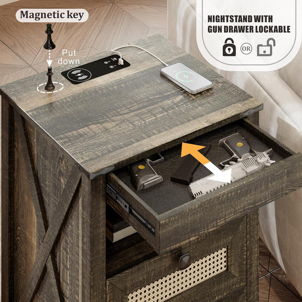 Rustic Nightstand with Gun Drawer, End Table with Charging Station, LED Bedside Table with Human Sensor Light, Rattan