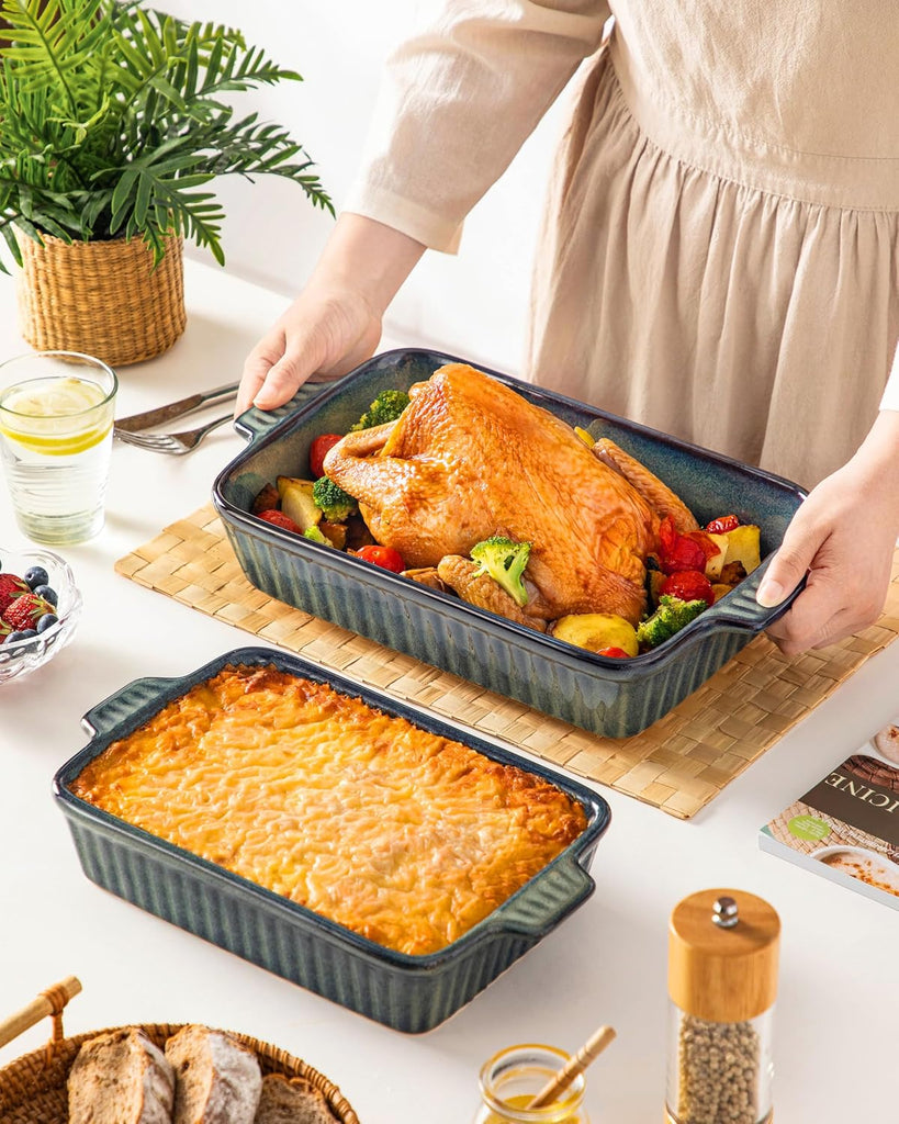 Ceramic Casserole Dishes for Oven, Reactive Glaze Dishes Set of 4, Deep Rectangular Lasagna Pans with Handles