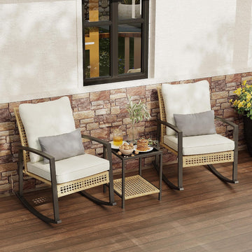 3 Piece Patio Rocking Chairs Set of 2, Outdoor Rocking Chair Bistro Set with Tempered Glass Coffee Table and Thick