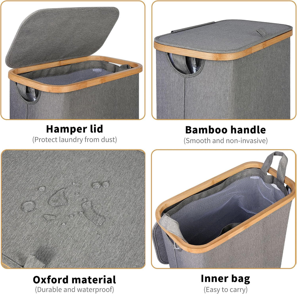 65L Slim Laundry Hamper, Narrow Laundry Basket with Lid,Foldable Clothes Hamper with Bamboo Handles,Hamper Basket