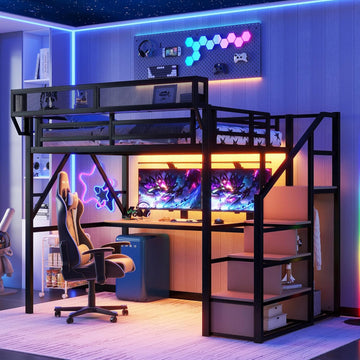 Full Loft Bed with Desk and RGB Light, Metal Loft Bed Frame with Stairs and Bedside Shelf