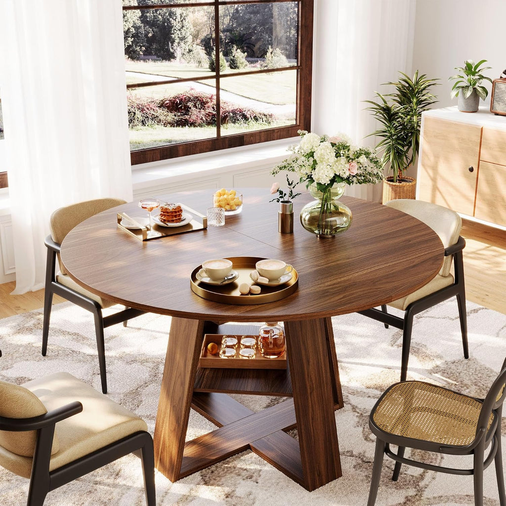 43.3in-59in Extendable Round Dining Table for 4-8 People, Modern Oval Kitchen Table with Storage Shelf & Removable