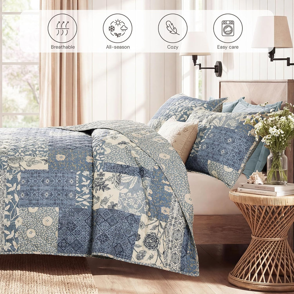 Quilt Set Queen, Patchwork Blue Floral Quilt Sets, Reversible Bedspread Lightweight and Breathable for All Seasons