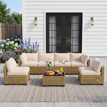 Patio Furniture Set, 7-Piece Outdoor Sectional Couch with Coffee Table & Thick Cushions, Outdoor Wicker Conversation