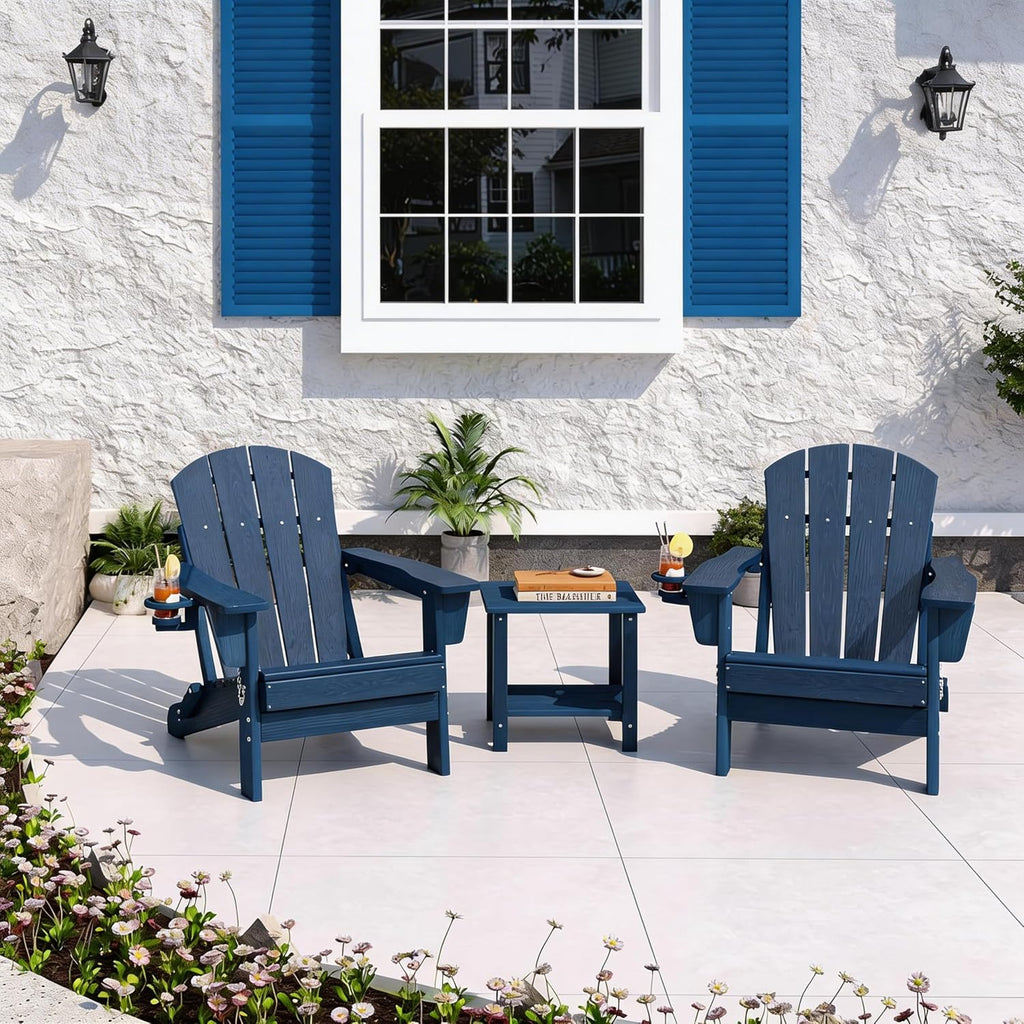 HDPE Folding Adirondack Patio Chair with Cup Holder - Weather-Resistant Plastic, Wood Grain Texture, Outdoor Lounge