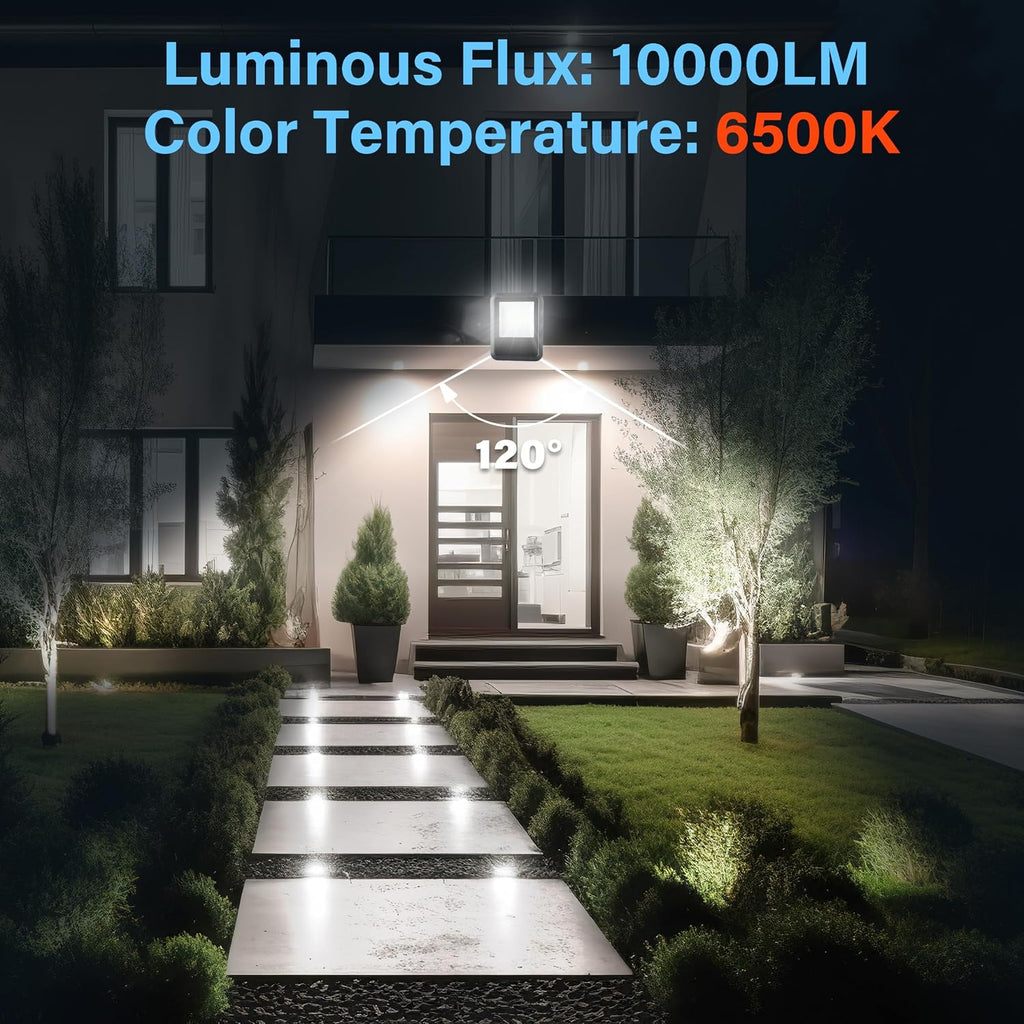 2 Pack LED Flood Lights Outdoor, 100W 10000LM Super Bright Outside Work Light with Plug, IP65 Waterproof, 6500K