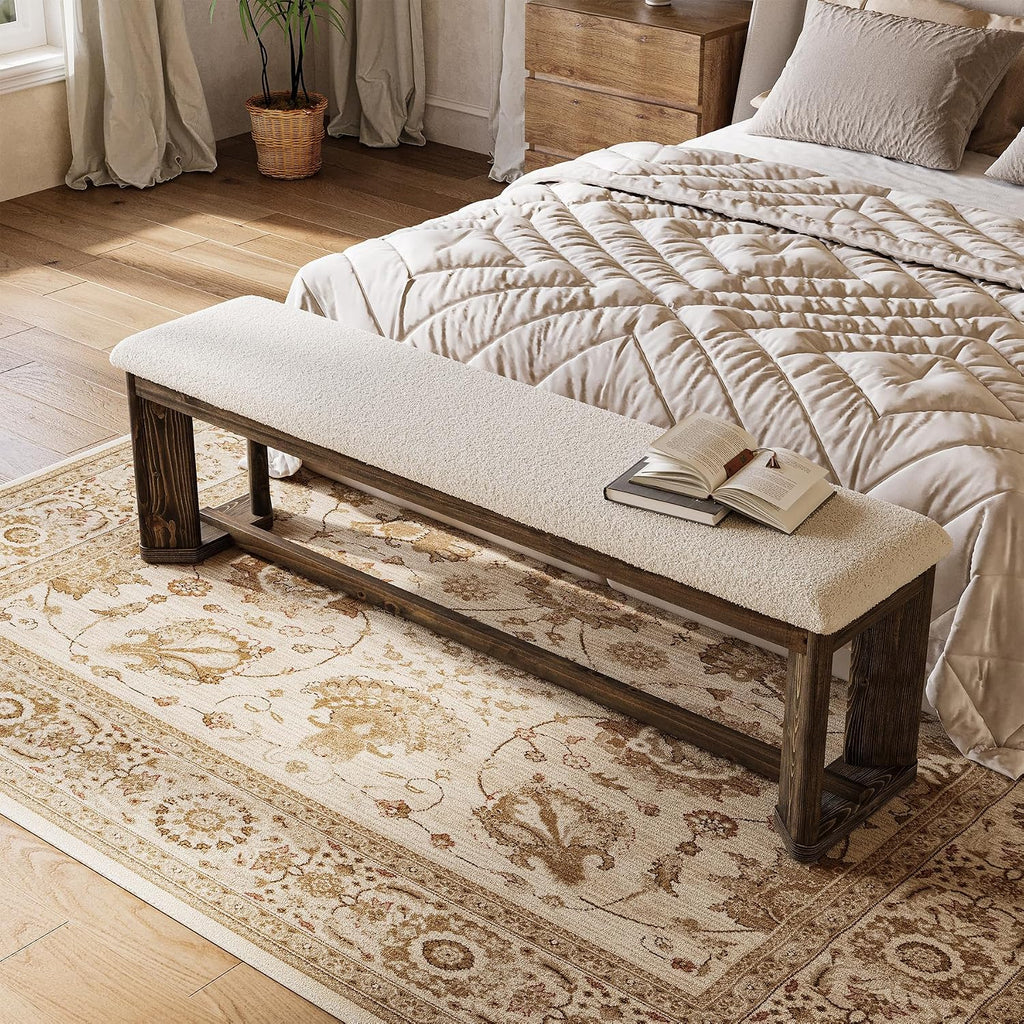 63" Upholstered Bench, Solid Wood Entryway Shoe Bench with Cushion, Long Modern Farmhouse End of Bed Bench with