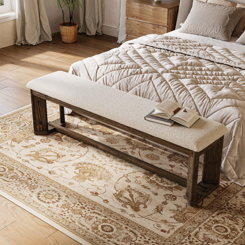 63" Upholstered Bench, Solid Wood Entryway Shoe Bench with Cushion, Long Modern Farmhouse End of Bed Bench with