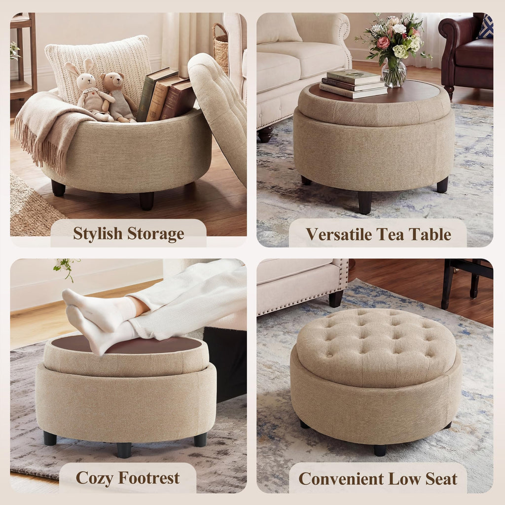 Fabric Round Storage Ottoman with Reversible Tray Lid(Camel)