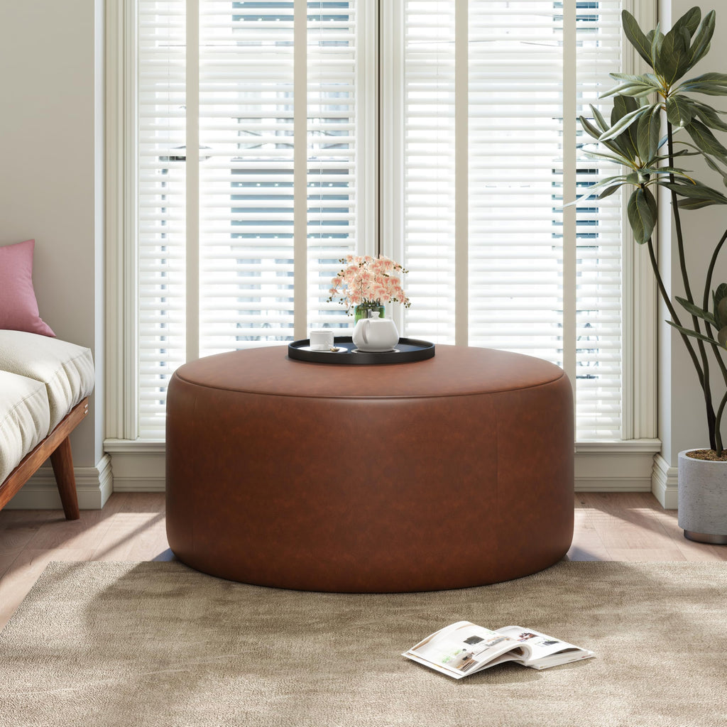 30.25" Modern Upholstered Round PU Leather Ottoman, Multifunctional Extra Seat, Side Table, Foot Rest, Stuffed Pouf