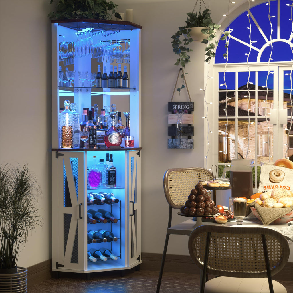 68.9" Tall Corner Bar Cabinet, Wine Bar with LED Light and Mirror