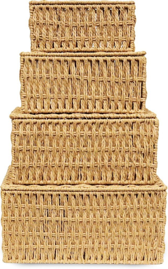 Woven Stackable Storage Baskets with Lid, Decorative Rope Organizer Bin - Set of 4 (4 Sizes), Beige (No Liner)