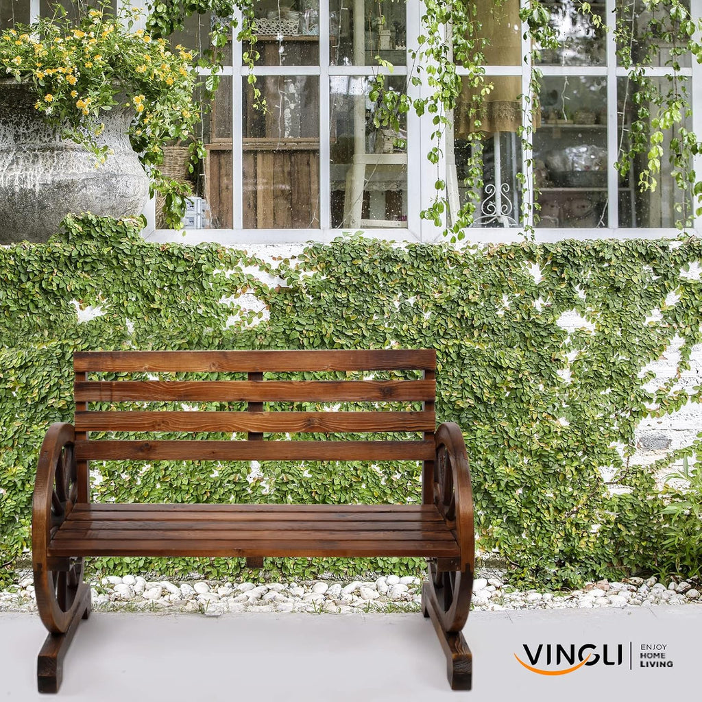 Rustic Wooden Wheel Bench Outdoor Bench, Patio Bench Wagon Slatted Seat, Garden Benches for Outdoors 350lbs High