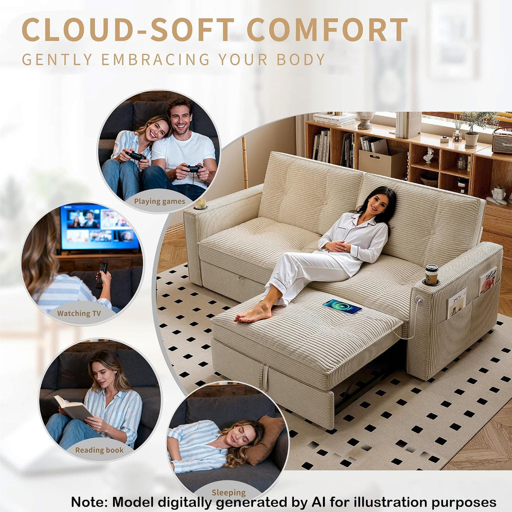 73.2'' Sleeper Sofa Full Size, Pre-Assembled Corduroy Futon, Beige | Convertible Pull Out Couch with Adjustable