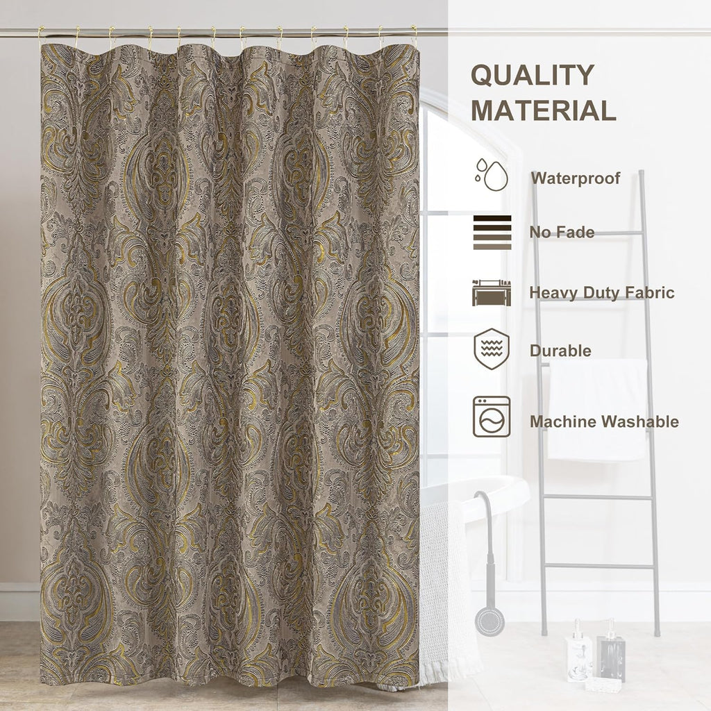 Textured Fabric Shower Curtain Set Damask Design, Taupe+Gold | Include 12 Metal Hooks, Royal Jacquard Bathroom Shower