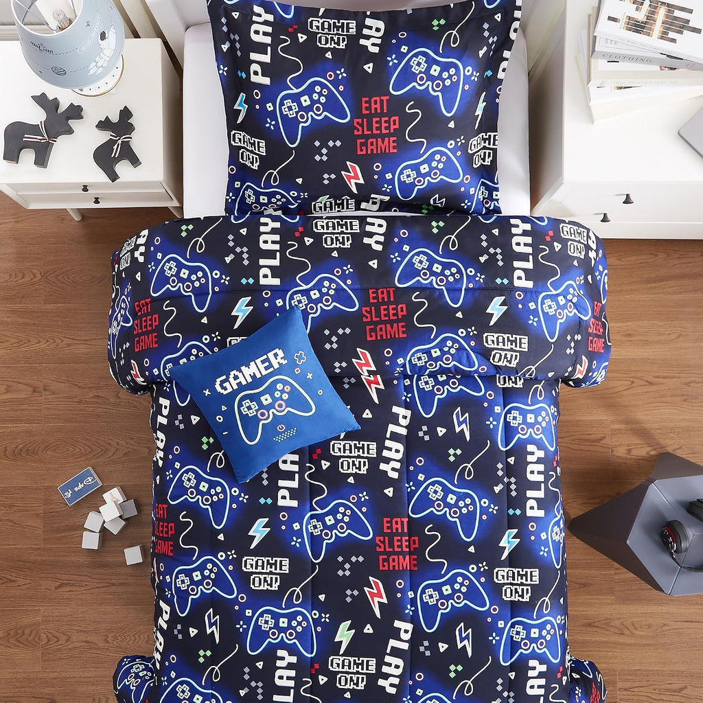Kids Comforter Set for Boys, Glow in The Dark Gamer Bedding Set 1 Comforter, 1 Decor Pillow, 1 Pillow Sham